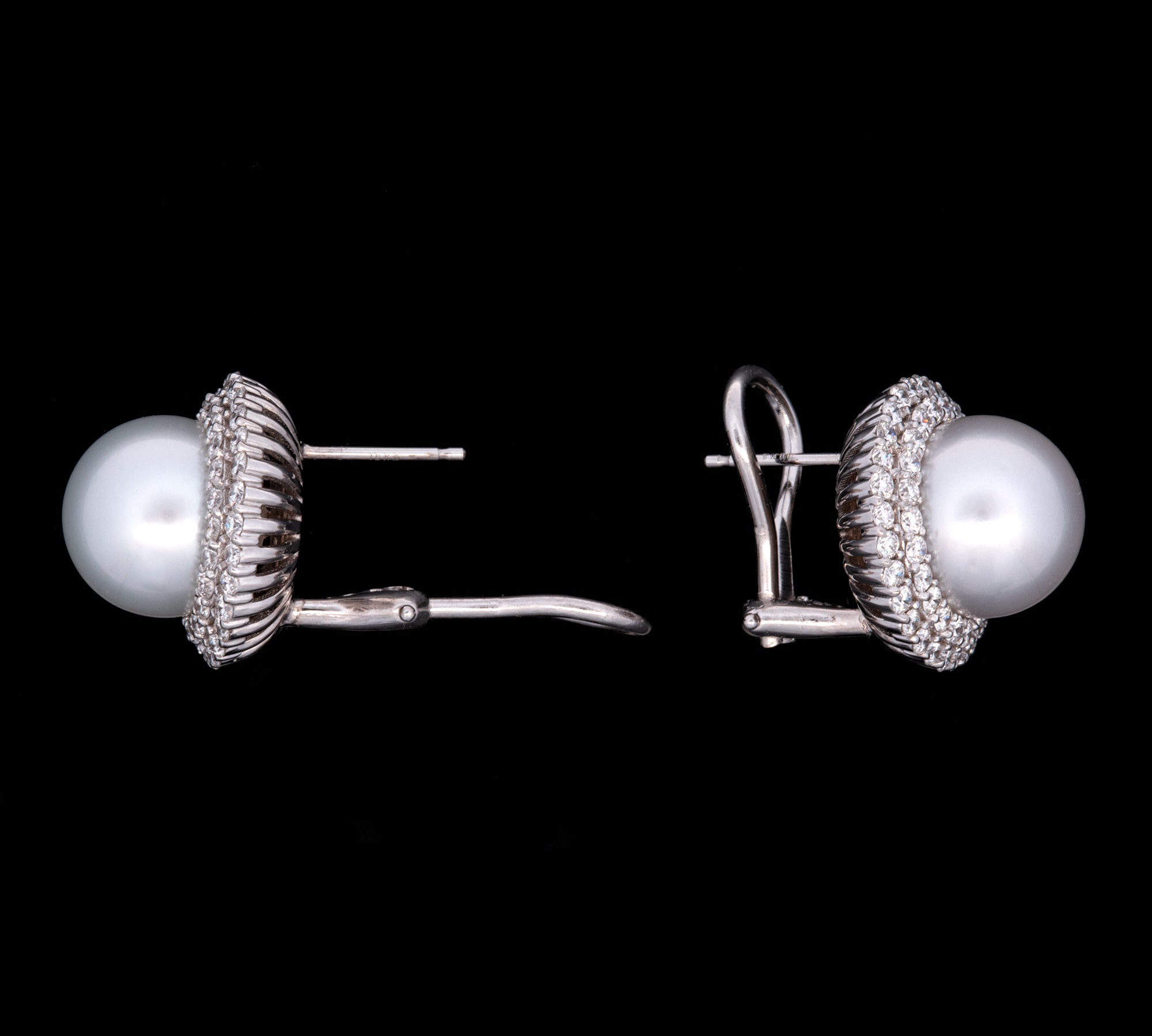 Custom 18K White Gold 11mm White South Sea Pearl And Double Diamond Halo Earrings With Post And Omega Backs