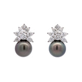 Custom 18K White Gold 11mm Peacock Green Tahitian Pearl And Diamond Cluster Stud Earrings