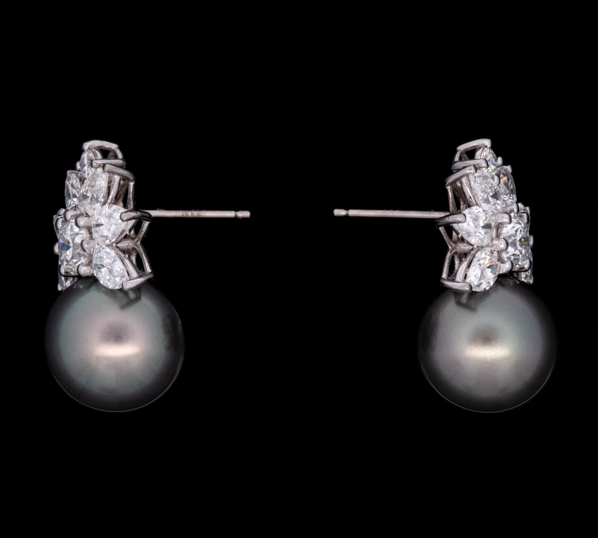 Custom 18K White Gold 11mm Peacock Green Tahitian Pearl And Diamond Cluster Stud Earrings