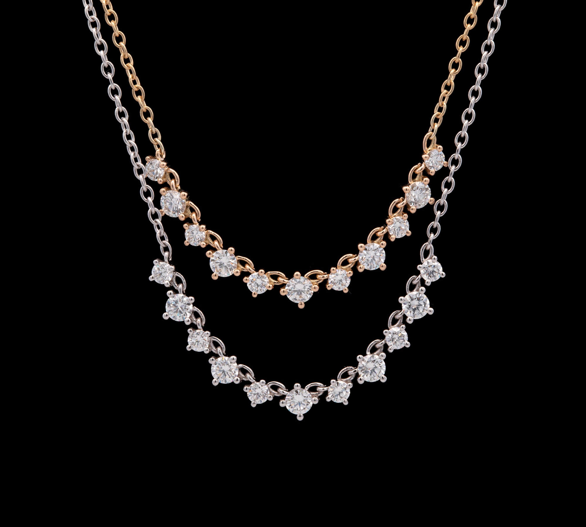 Custom Matching 18K Yellow And White Gold Eleven Round Diamond Station Necklace, 18 Inches With Jump Ring At 17 Inches