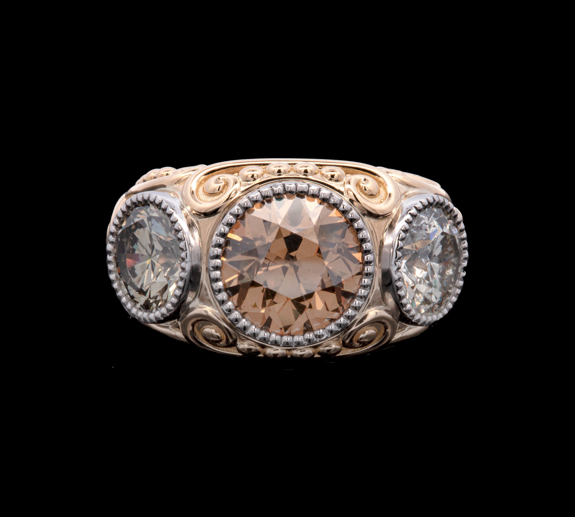 Custom 18K Yellow Gold And Platinum Old European Cut Diamond Ring With Victorian Style Scroll Work