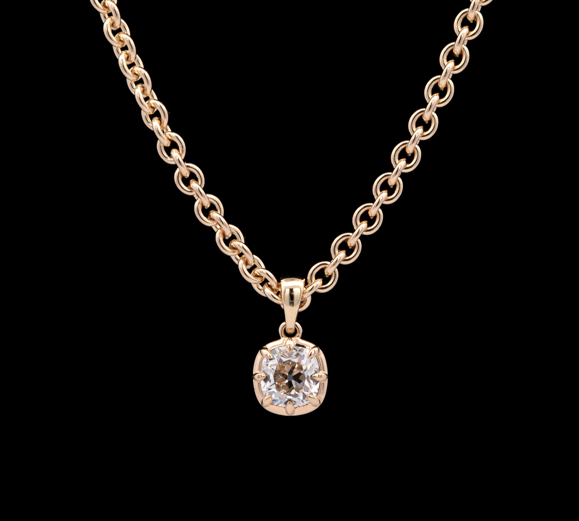 Custom 18K Yellow Gold Collet Set Old Mine Cut Diamond Pendant With 17 Inch Chain