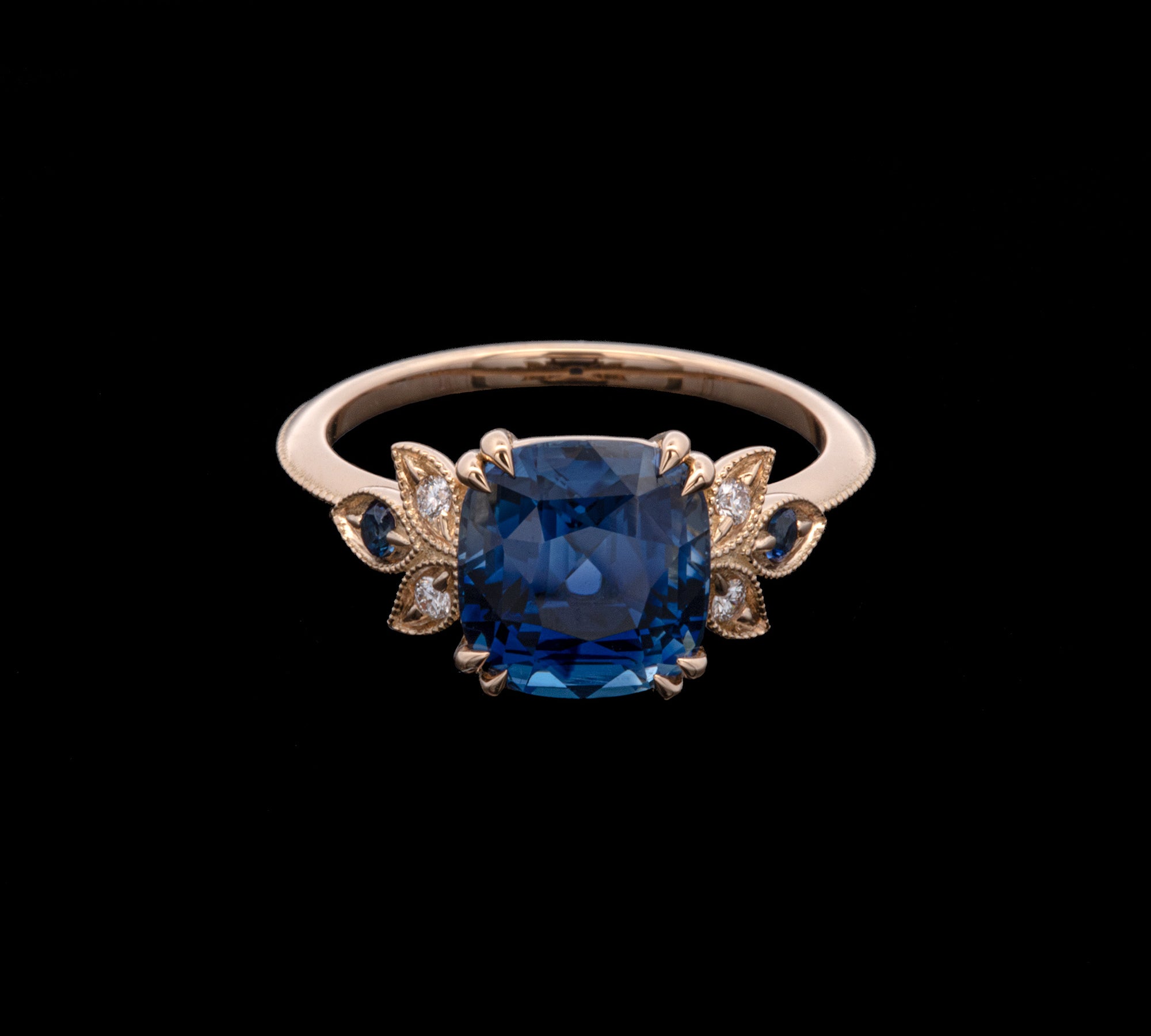Custom 18K Yellow Gold Cushion Cut "No Heat" Sapphire Ring With Diamond Accents