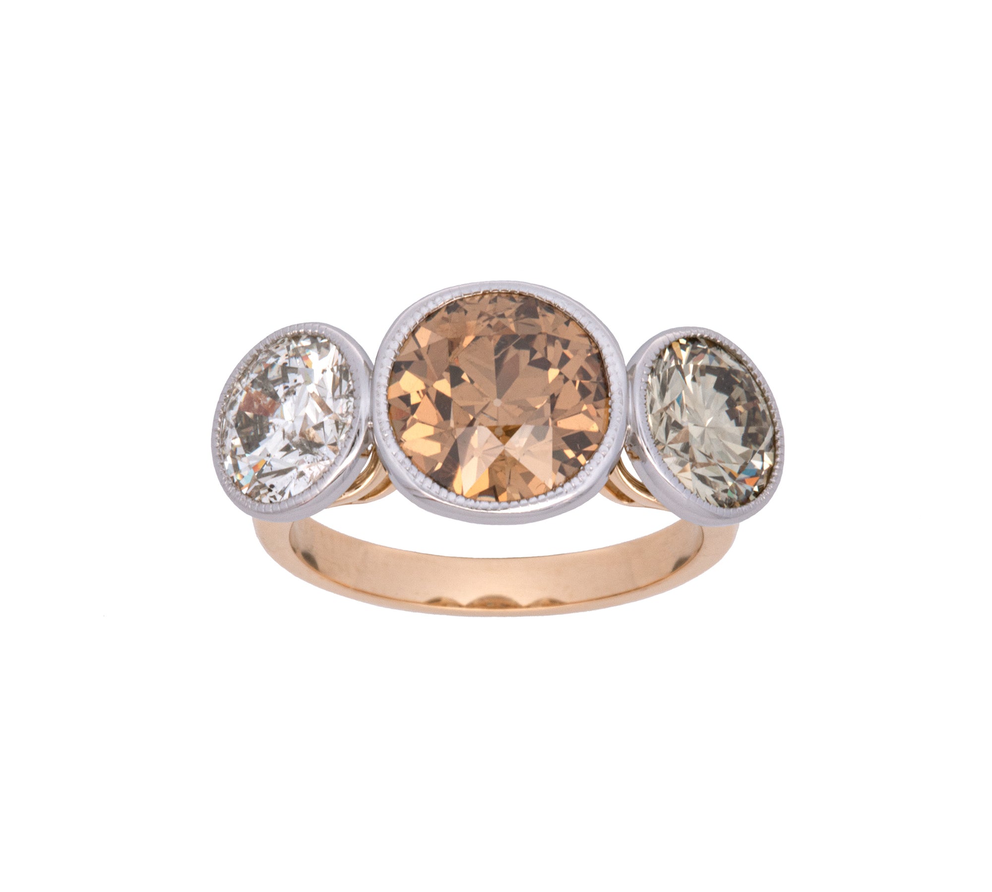Custom 18K Yellow Gold And Platinum Bezel Set Three Old European Cut Diamond Ring