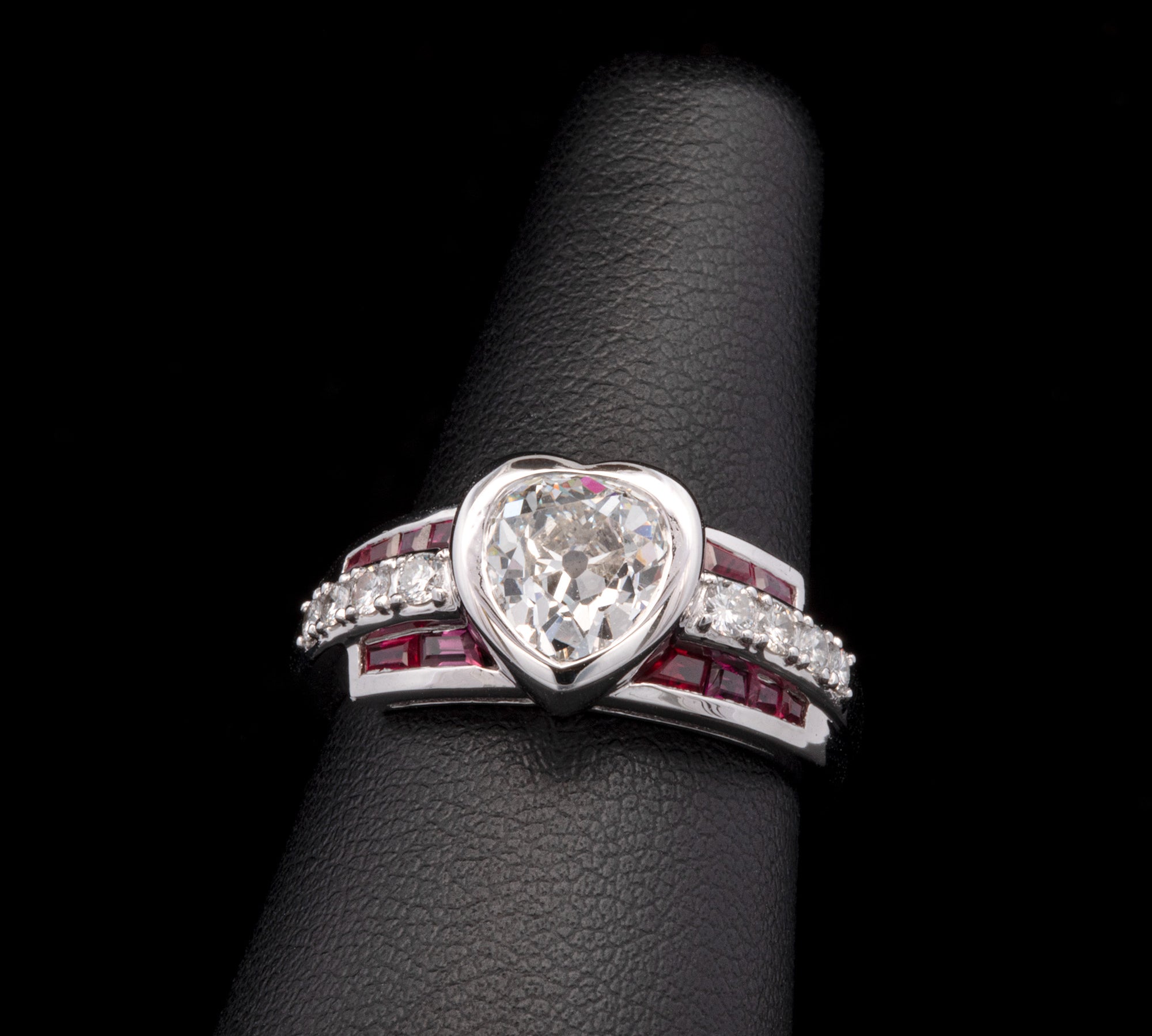 Custom Platinum Old Mine Cut Diamond And Channel Set Ruby Ring
