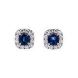Custom 18K White Gold Rectangular Cushion Cut Sapphire And Diamond Halo Stud Earrings