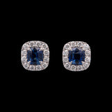Custom 18K White Gold Rectangular Cushion Cut Sapphire And Diamond Halo Stud Earrings