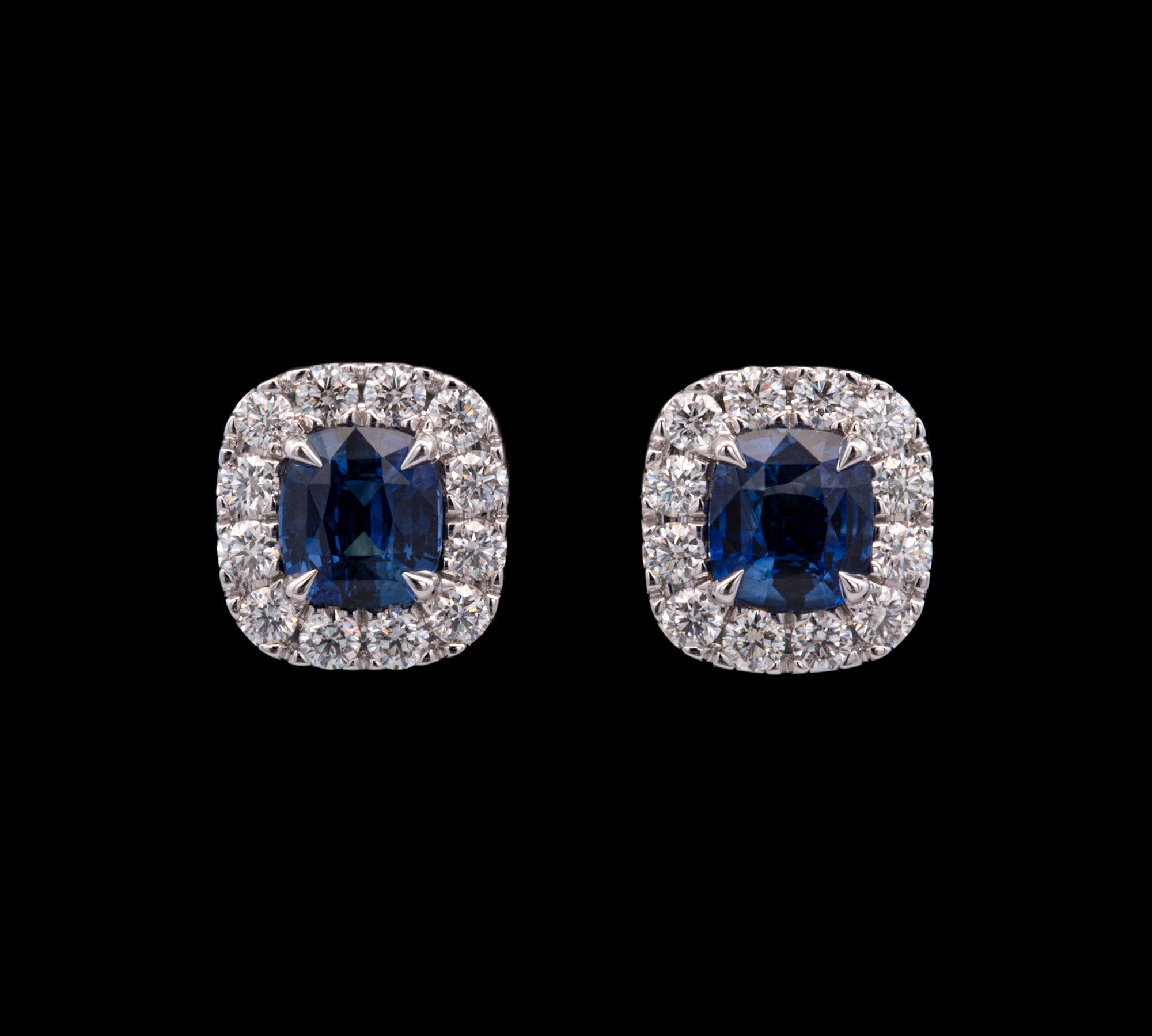 Custom 18K White Gold Rectangular Cushion Cut Sapphire And Diamond Halo Stud Earrings