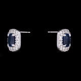 Custom 18K White Gold Rectangular Cushion Cut Sapphire And Diamond Halo Stud Earrings