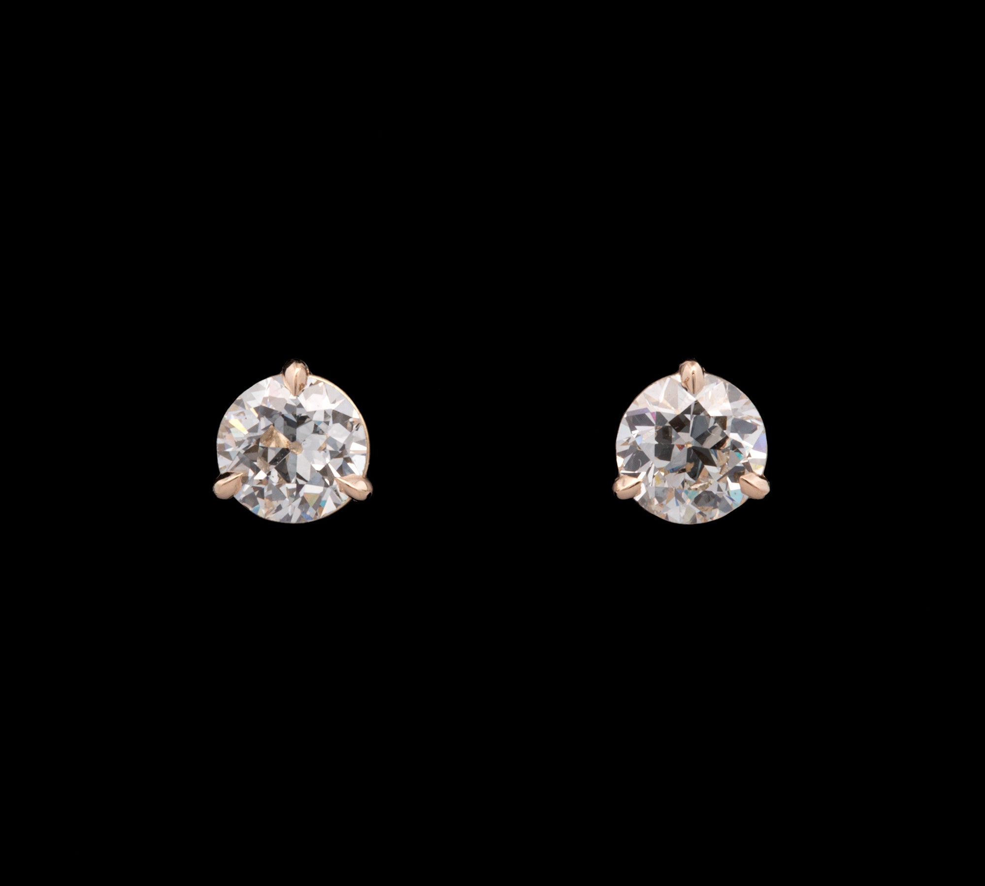 18K Yellow Gold Three Prong Old European Cut 1.94ctw Diamond Stud Earrings