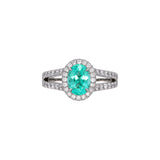 Custom Platinum Cuprian Tourmaline And Diamond Halo Ring With Diamond Split Shank