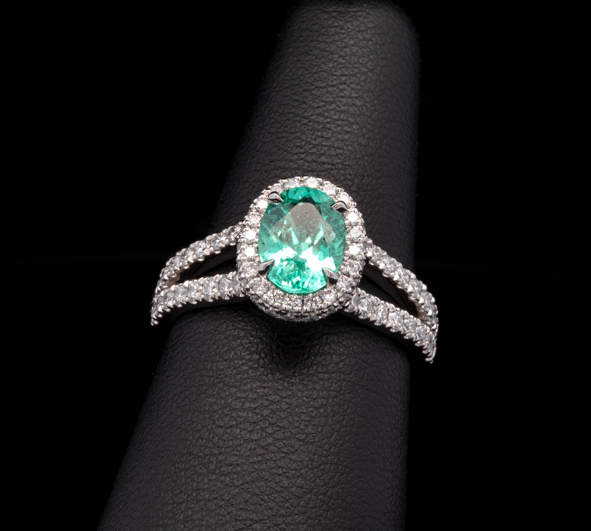 Custom Platinum Cuprian Tourmaline And Diamond Halo Ring With Diamond Split Shank