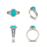 Custom Platinum Cuprian Tourmaline And Diamond Halo Ring With Diamond Split Shank