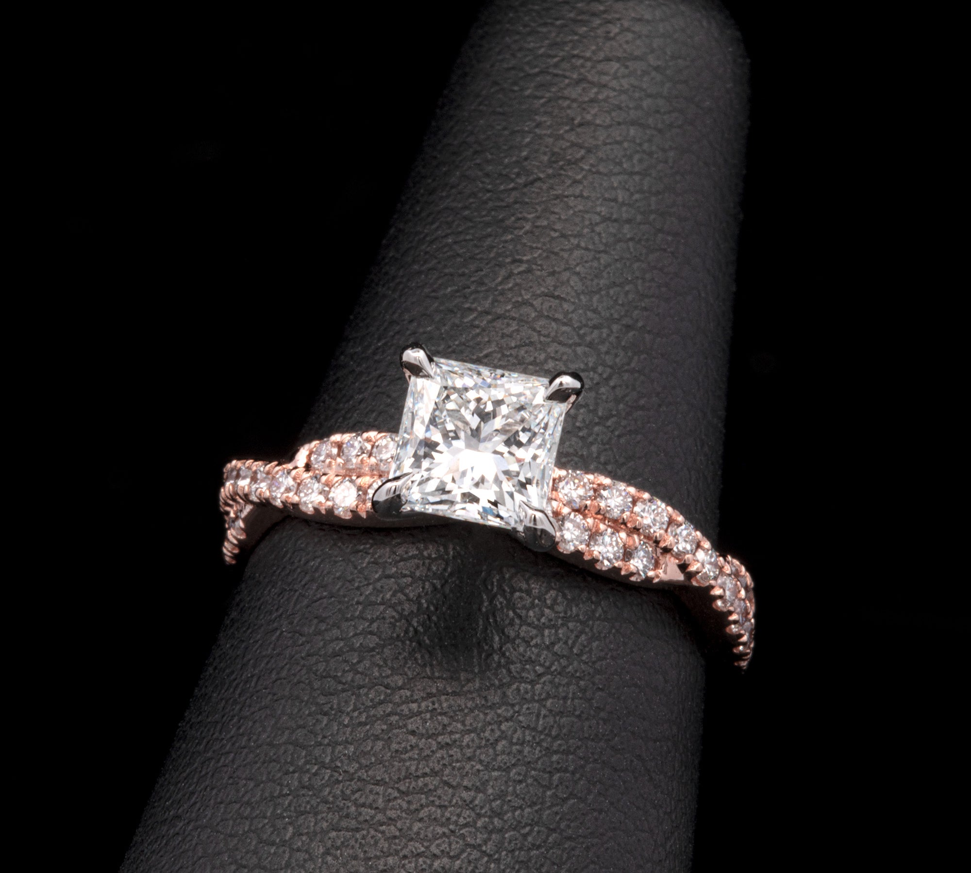 Custom 14K Rose And White Gold Princess Cut Diamond Engagement Ring With Closed Twist Shank