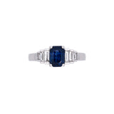 Custom 14K Platinum Emerald Cut Blue Sapphire And Baguette Diamond Ring