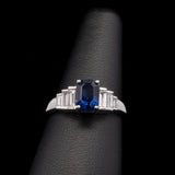 Custom 14K Platinum Emerald Cut Blue Sapphire And Baguette Diamond Ring