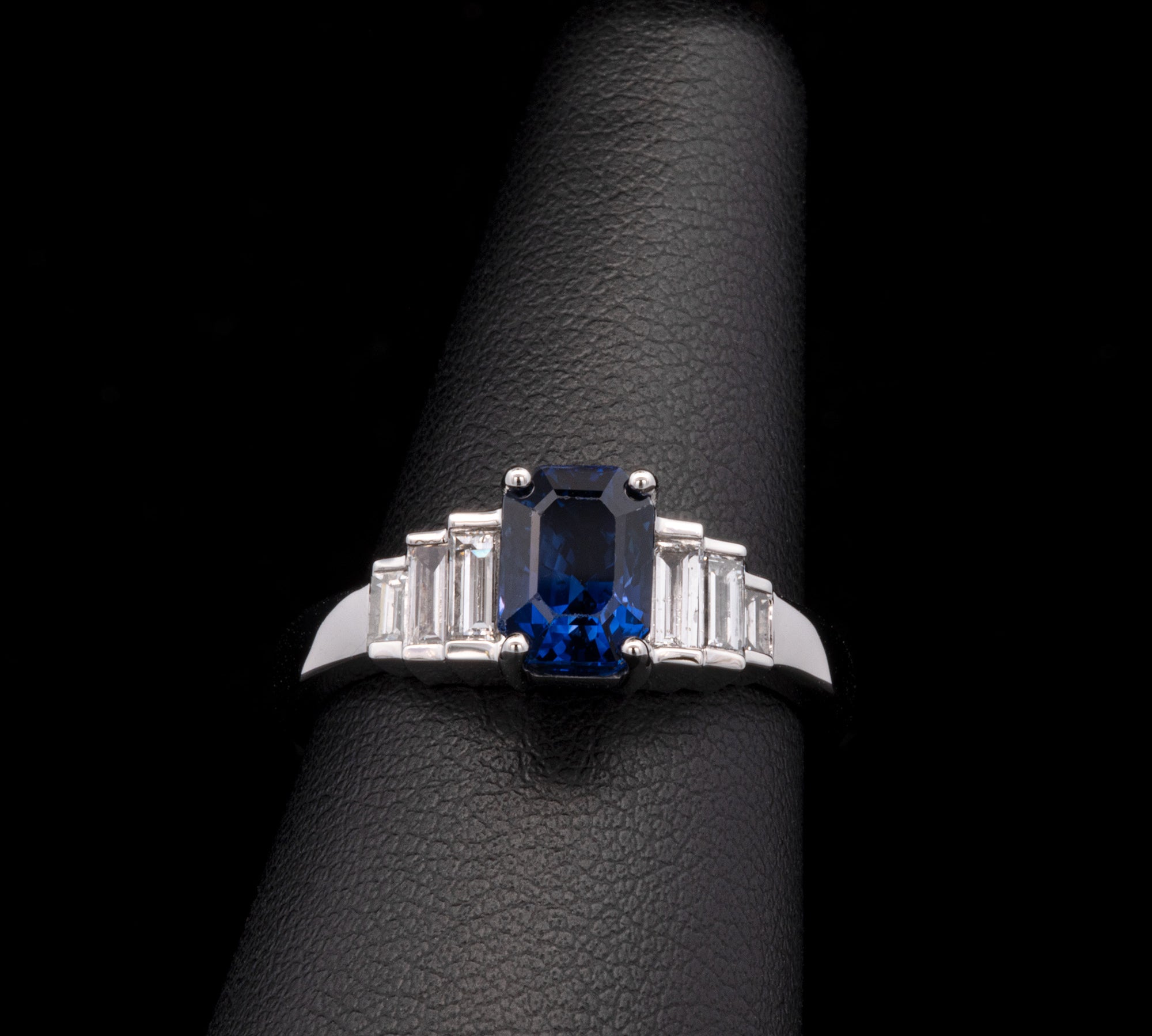 Custom 14K Platinum Emerald Cut Blue Sapphire And Baguette Diamond Ring
