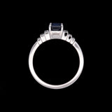 Custom 14K Platinum Emerald Cut Blue Sapphire And Baguette Diamond Ring