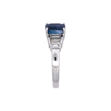 Custom 14K Platinum Emerald Cut Blue Sapphire And Baguette Diamond Ring