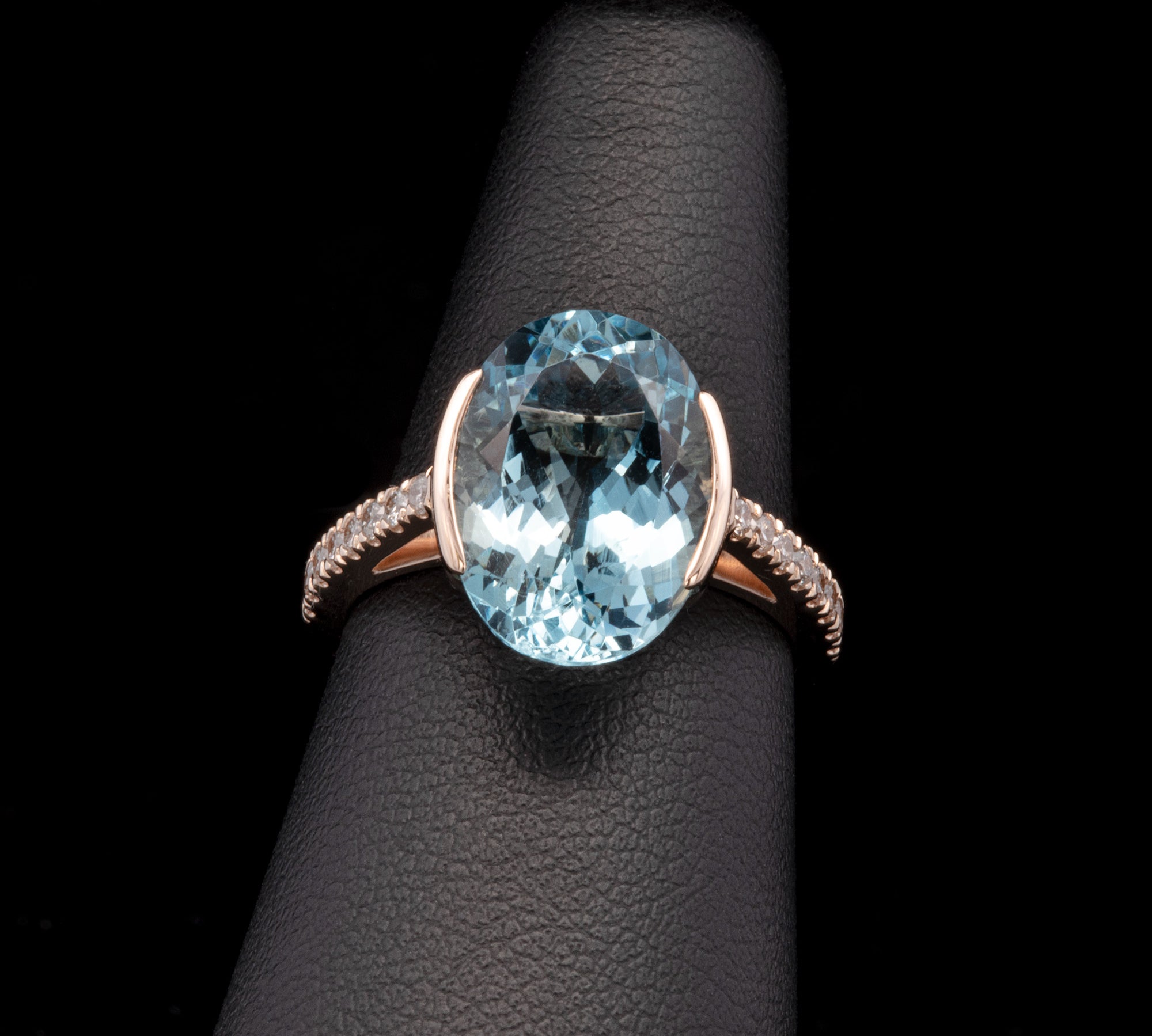 Custom 14K Yellow Gold Half Bezel Set Oval Aquamarine Ring With Diamond Accents