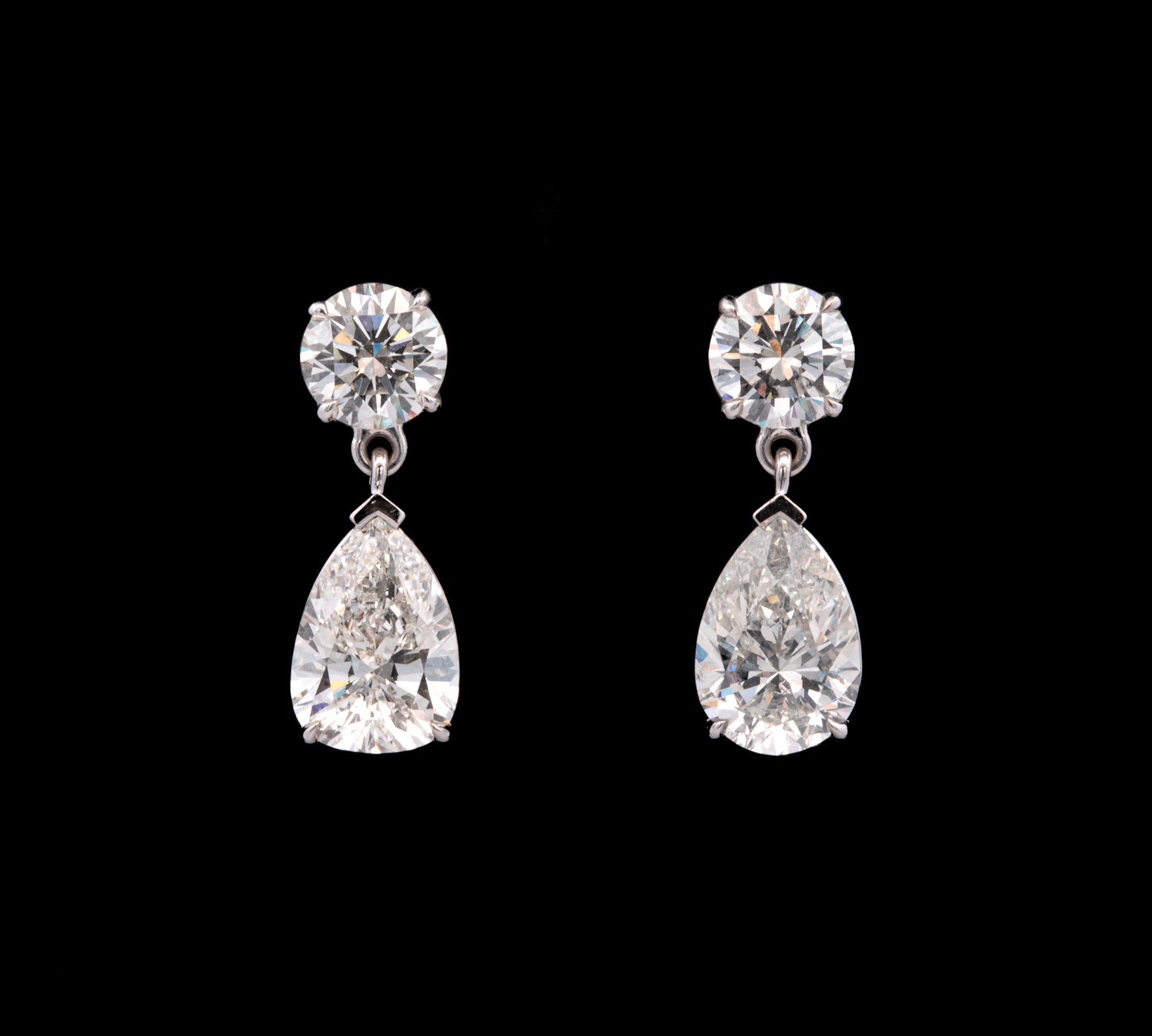 Custom 18K White Gold Pear Shape And Round Brilliant Cut Diamond Drop Earrings