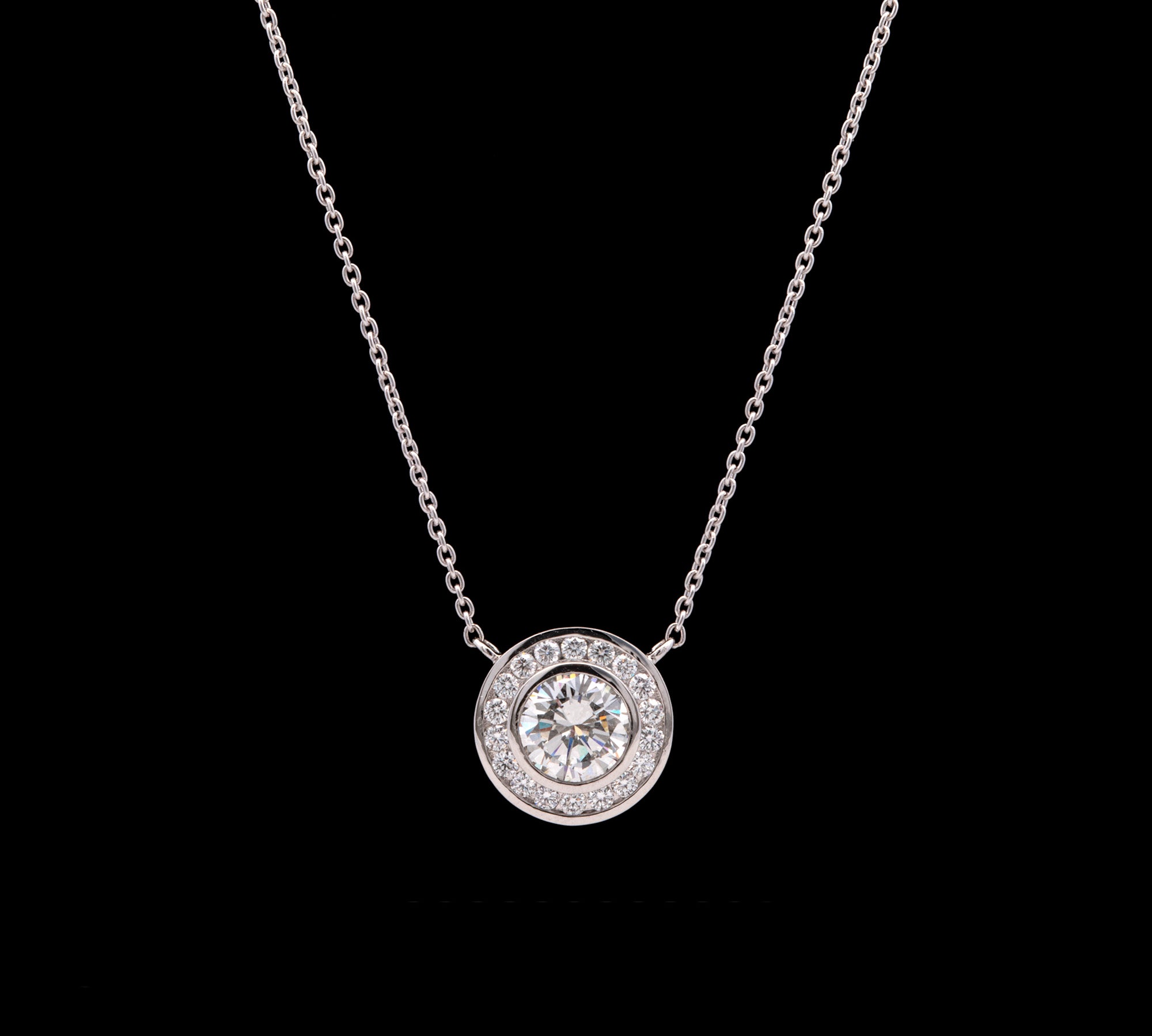 Custom Platinum Solitaire Diamond Necklace With Chanel Set Diamond Halo, 20 Inches