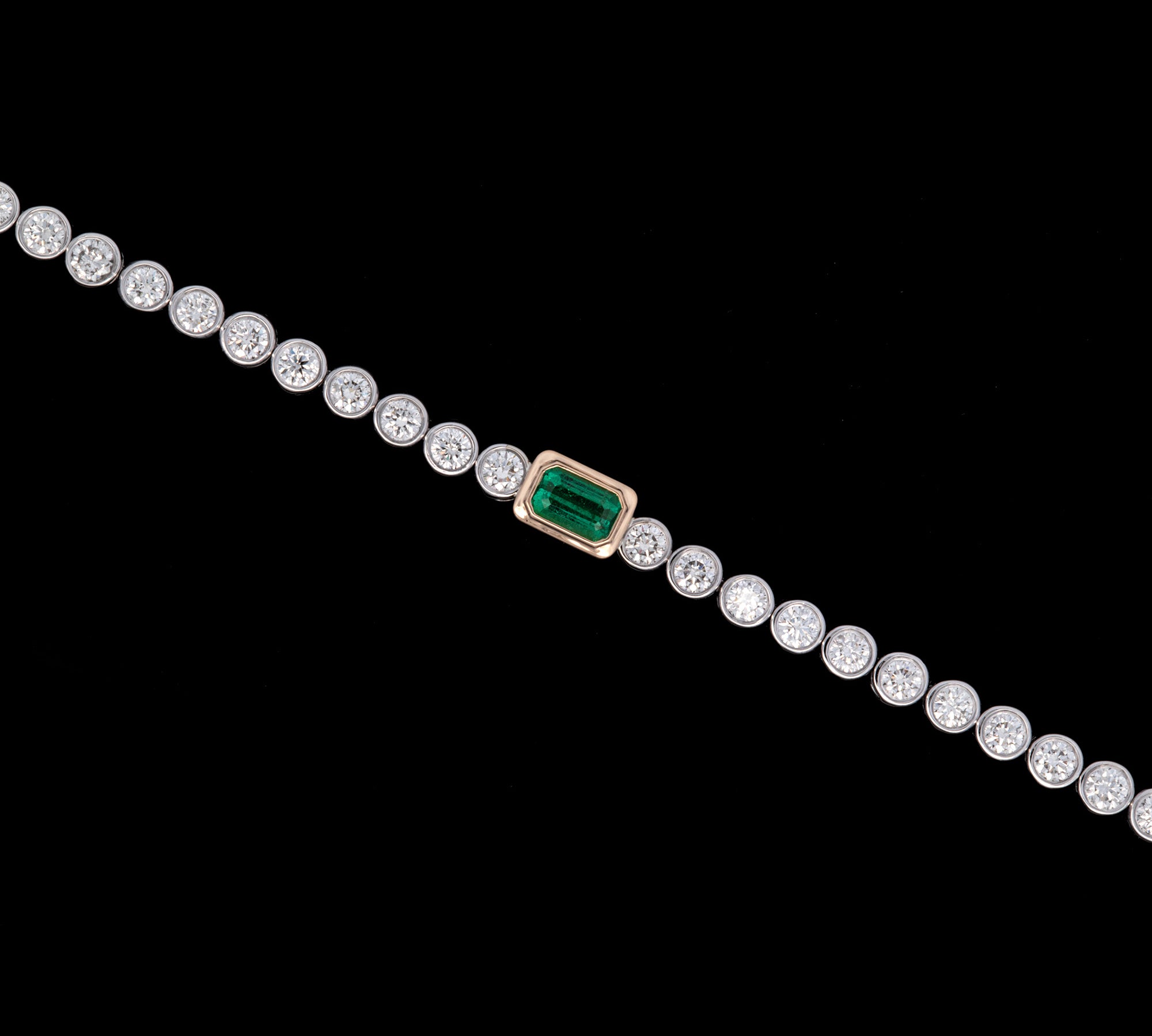 Custom 18K White And Yellow Gold Bezel Set Emerald And Diamond Line Bracelet, 7.25 Inches