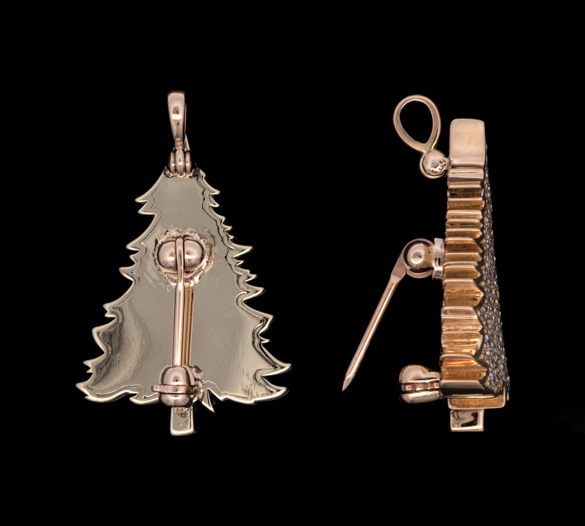 Custom 18K Yellow Gold Diamond Christmas Tree Pin With Hinged Bail