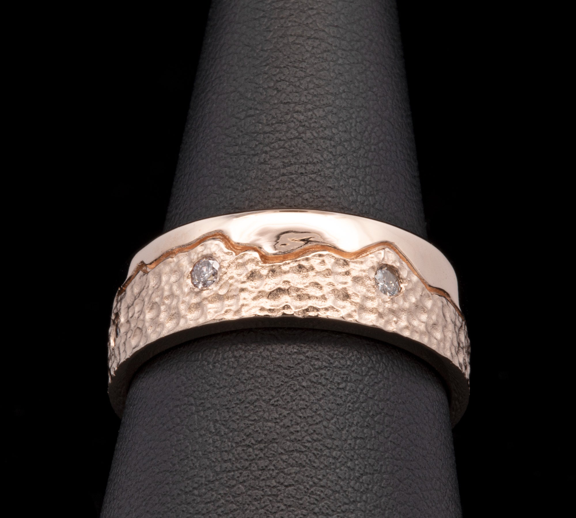 Custom 14K Yellow Gold Flat Edge 8mm Diamond Mountain Band With Hammer Finished Mountains