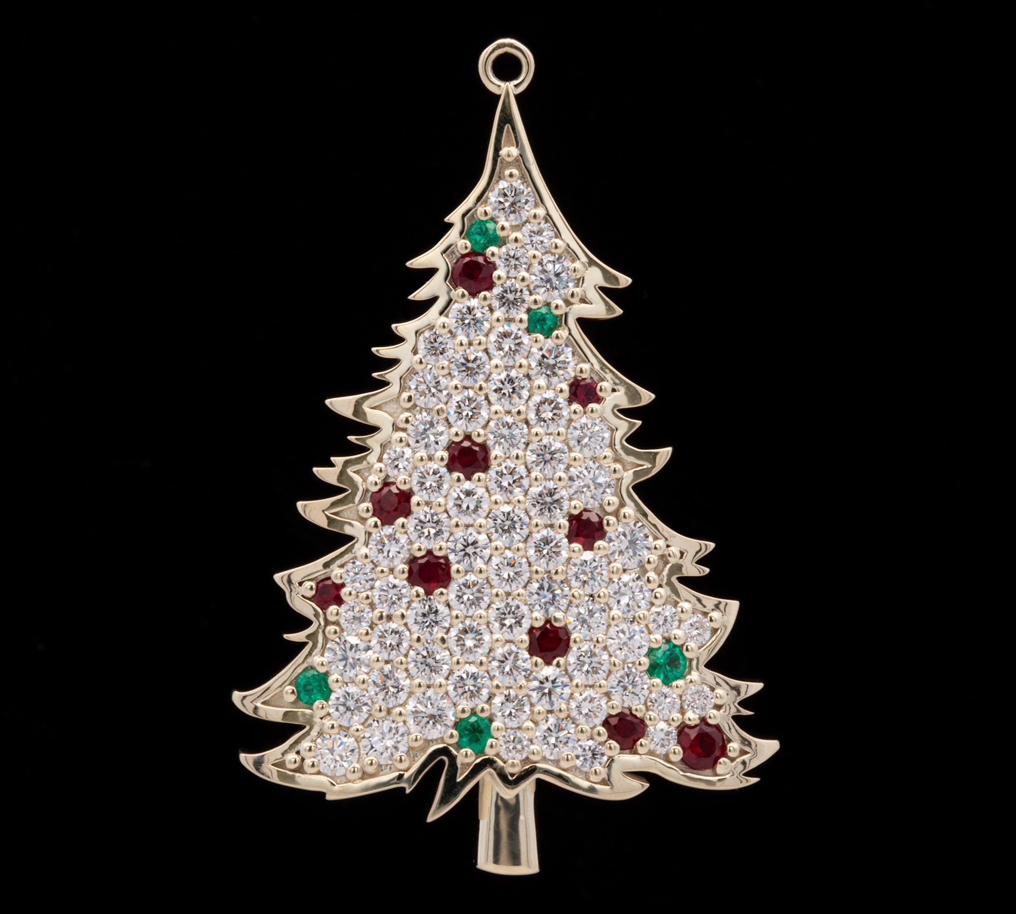 Custom 14K Green Gold Christmas Tree Pendant With Diamond, Rubies, And Emeralds