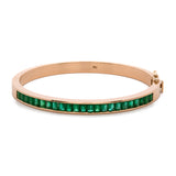 Custom 18K Yellow Gold Channel Set Emerald Cut Emerald Hinged Bangle Bracelet