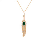 Custom 18K Yellow Gold Pear Shape Emerald And Diamond Feather Pendant With 18 Inch Chain