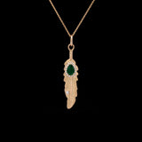 Custom 18K Yellow Gold Pear Shape Emerald And Diamond Feather Pendant With 18 Inch Chain