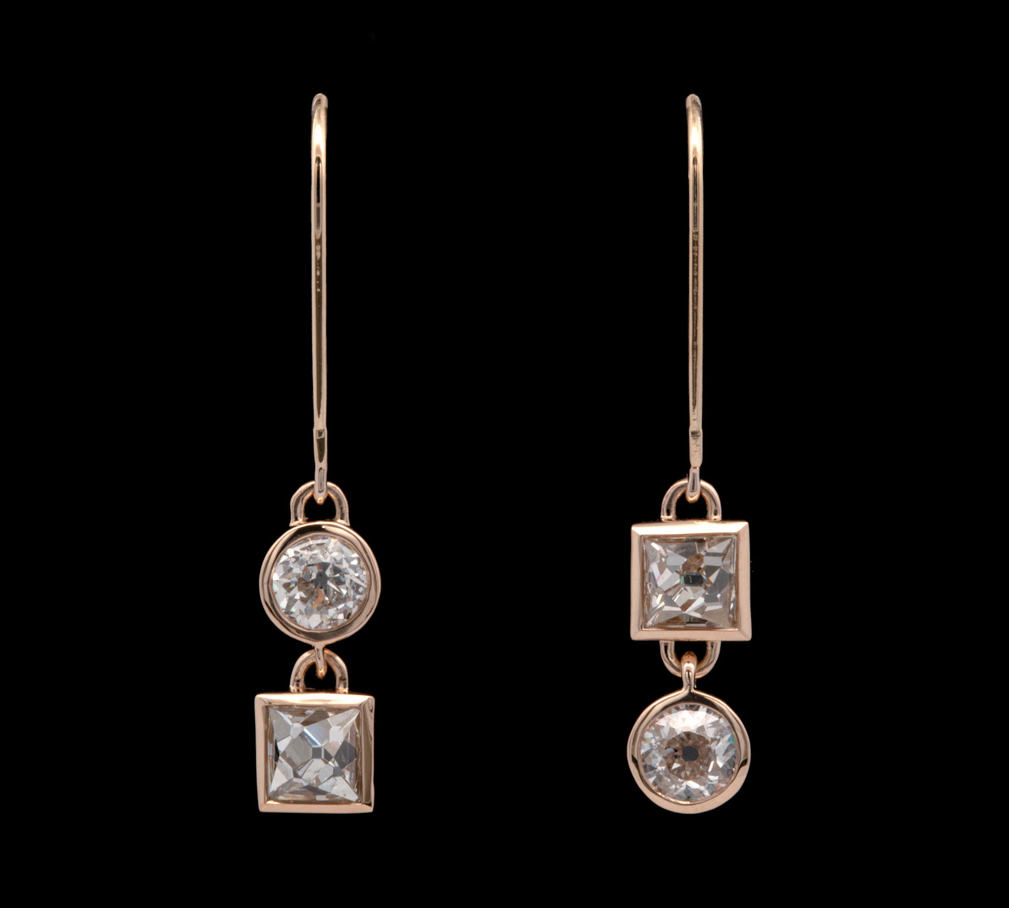 Custom 18K Yellow Gold Bezel Set Old European Cut And French Cut Diamond Drop Earrings With Lever Backs