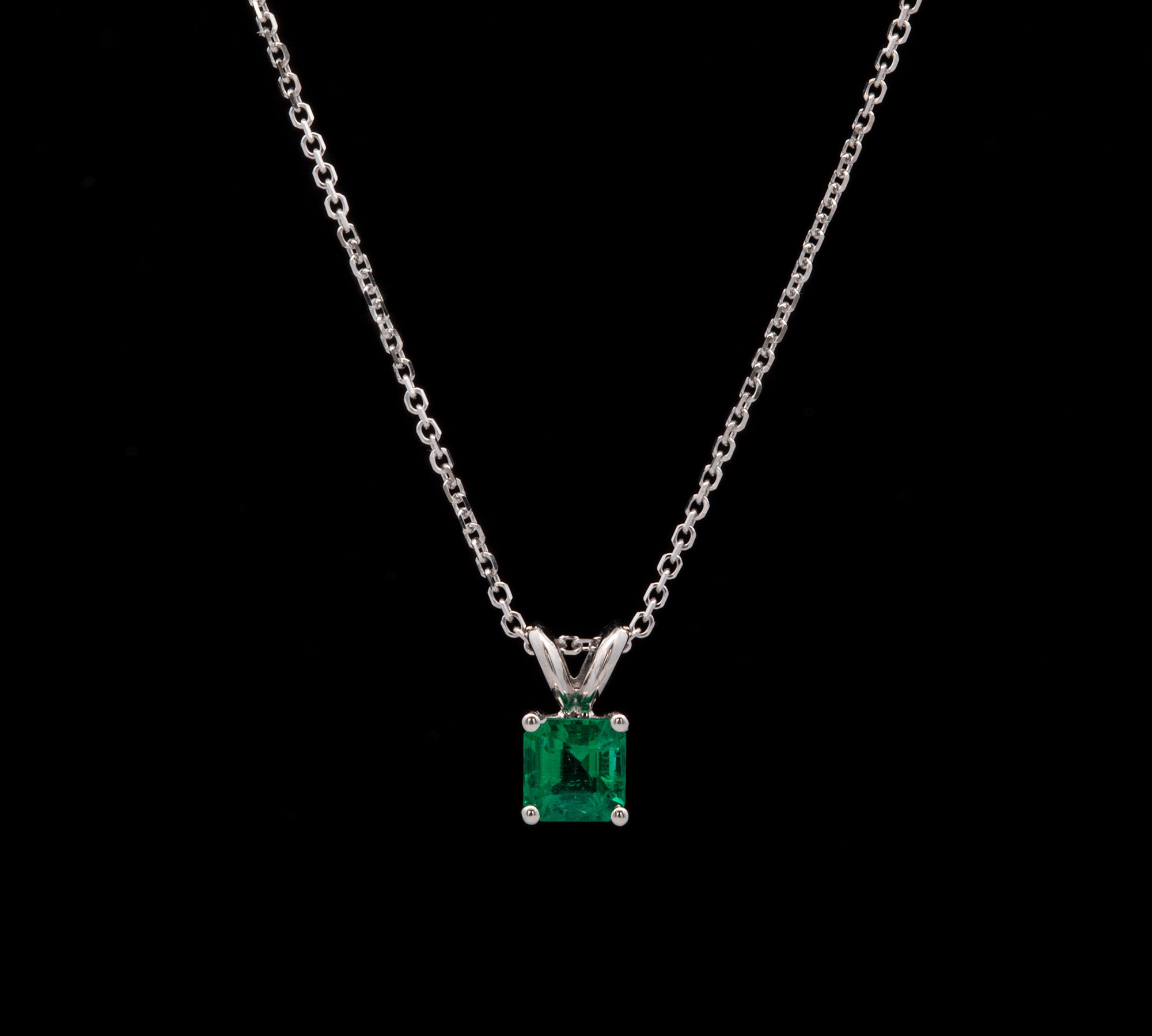 Custom 18K White Gold Square Emerald Pendant With 18 Inch Chain