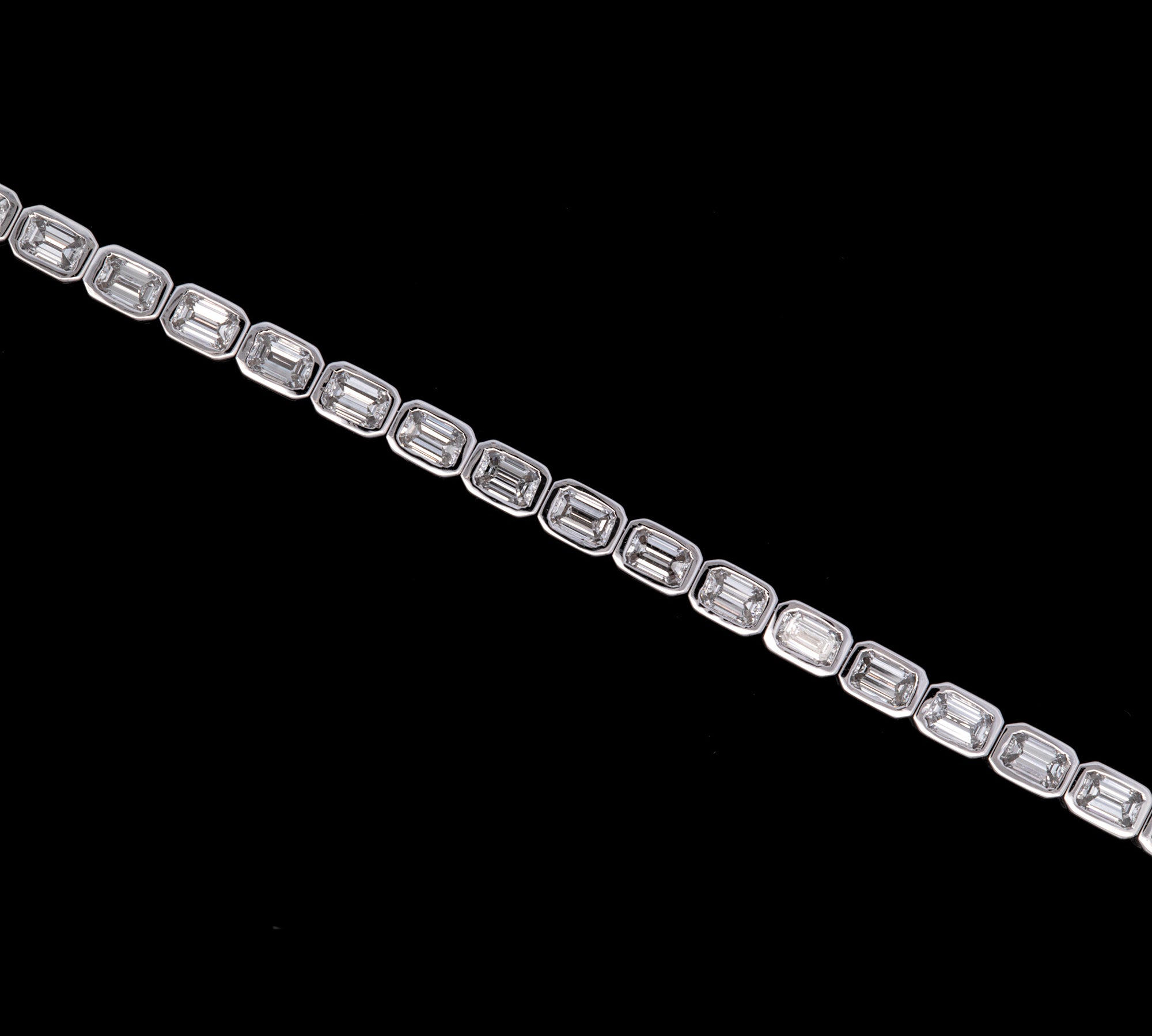 Custom 18K White Gold Bezel Set Emerald Cut Diamond Line Bracelet, 7.25 Inches