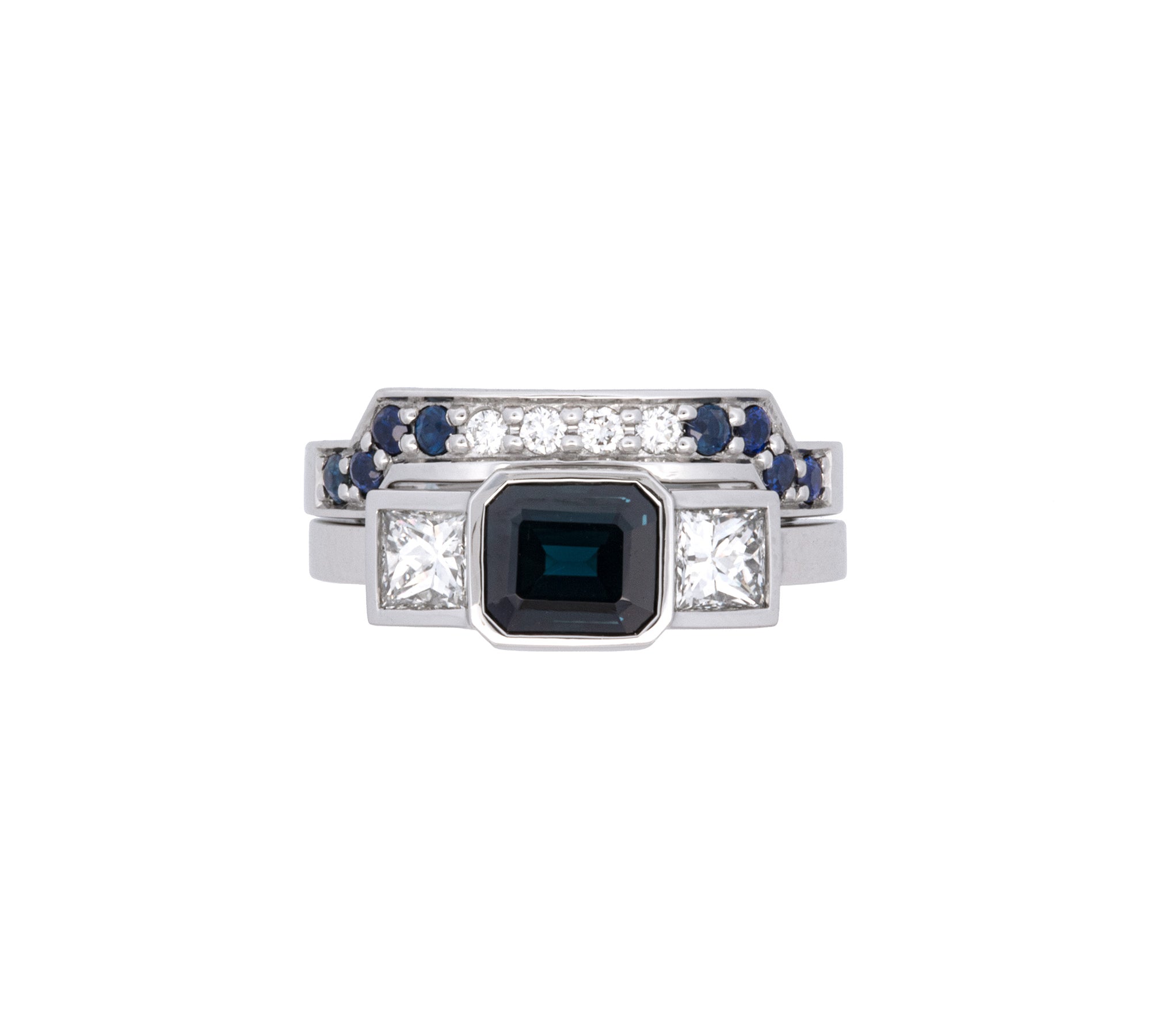 Custom Platinum Bezel Set Sapphire And Diamond Engagement Ring With Matching Wedding Band