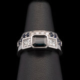 Custom Platinum Bezel Set Sapphire And Diamond Engagement Ring With Matching Wedding Band