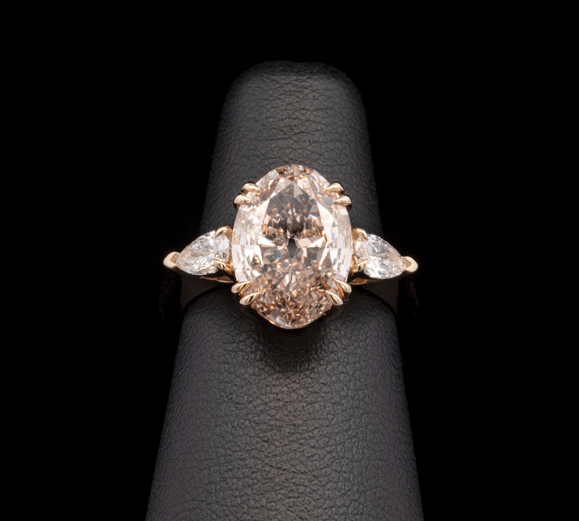 Custom 18K Yellow Gold Double Eagle Prong Oval Fancy Medium Brown Diamond Ring With Pear Cut Accents