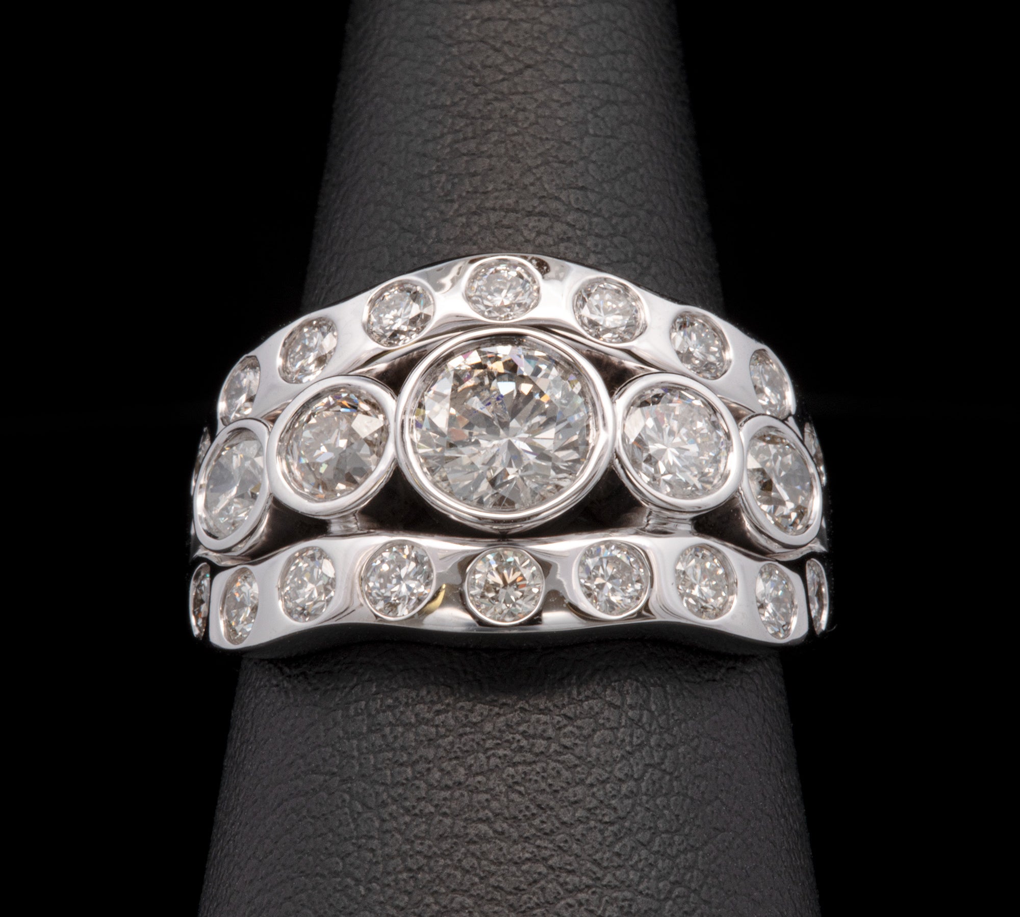 Custom 14K White Gold Bezel Set Graduated Diamond Ring