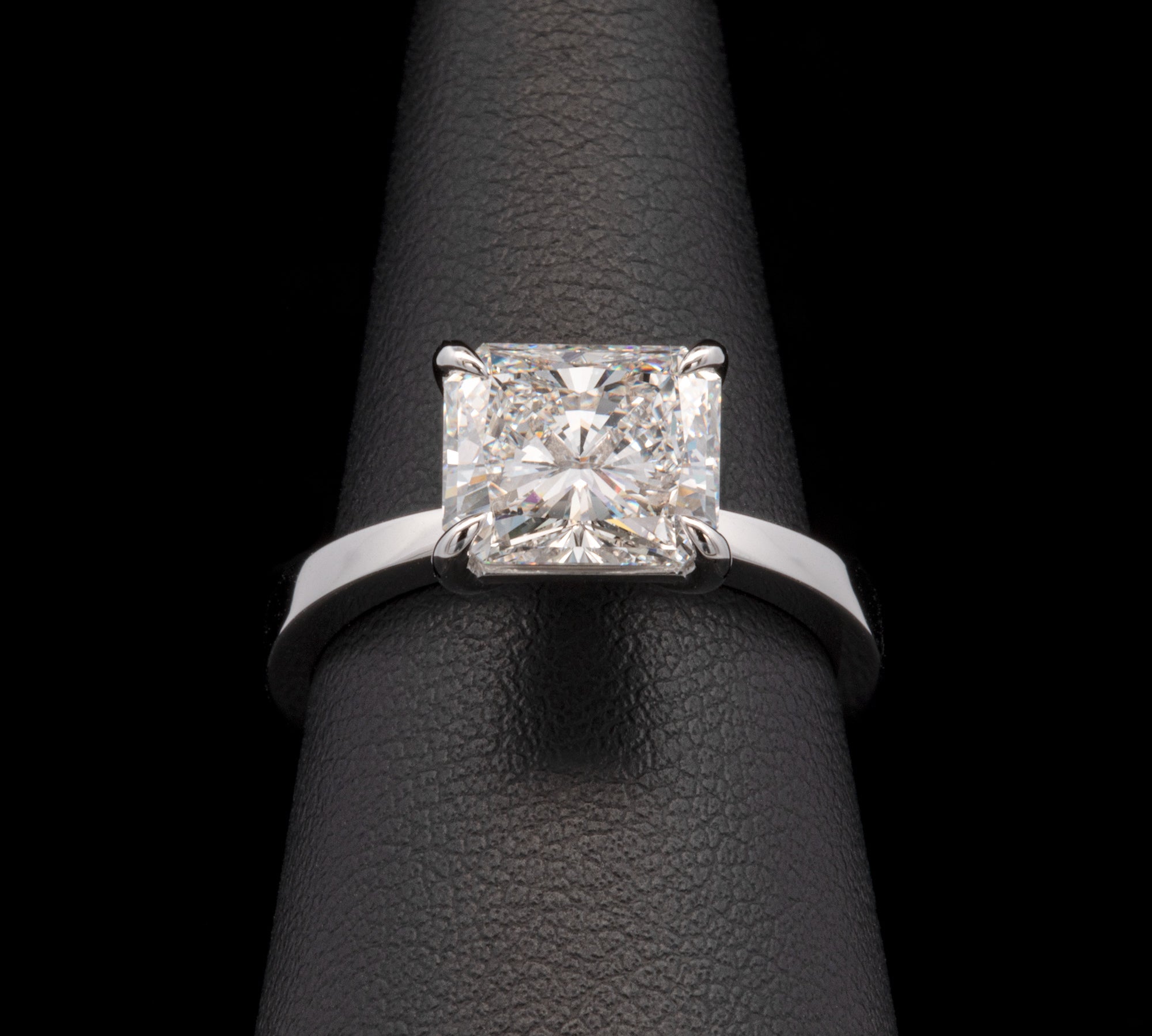 Custom Platinum Solitaire Rectangular Radiant Cut Diamond Engagement Ring