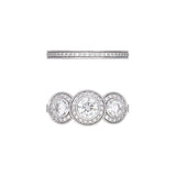 Custom Platinum Bezel Set Three Stone Engagement Ring With Diamond Halos And Matching Eternity Band