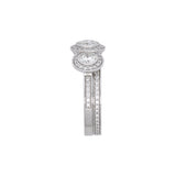 Custom Platinum Bezel Set Three Stone Engagement Ring With Diamond Halos And Matching Eternity Band