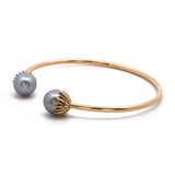 Custom 18K Yellow Gold Open Bangle Pearl Bracelet With Flower Pedal Setting, 7.25 Inches