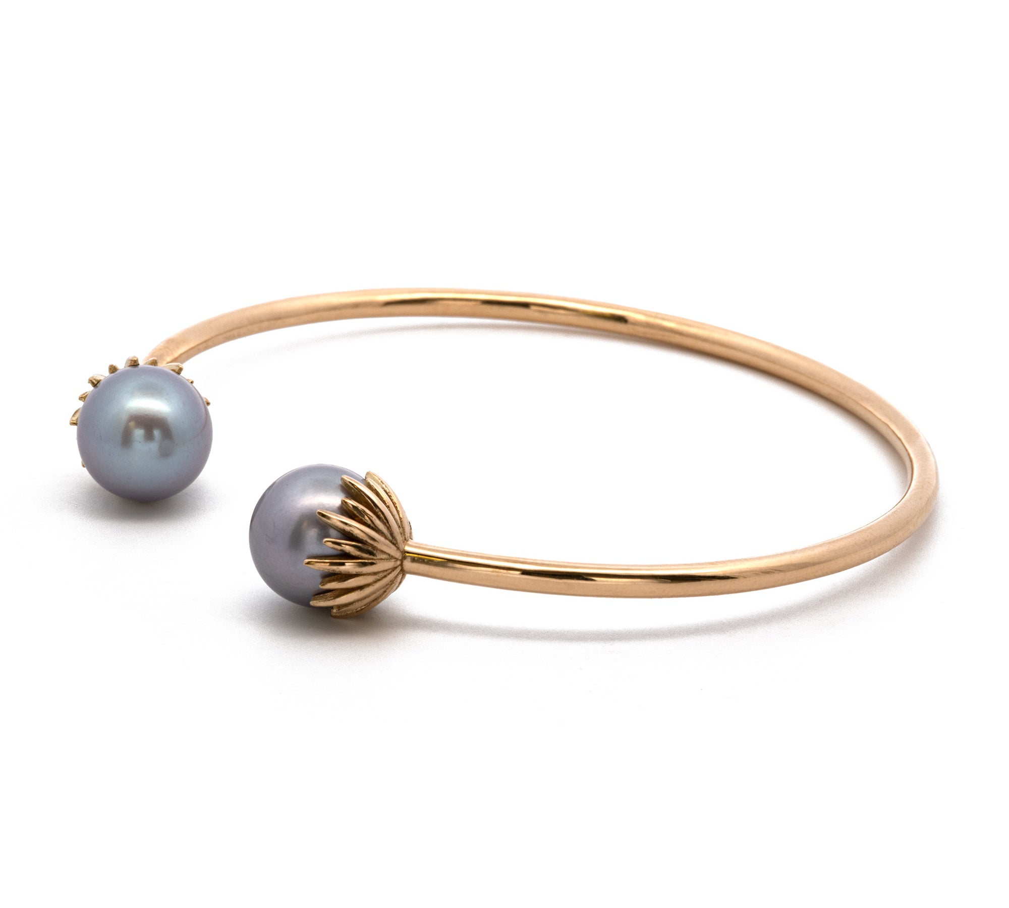 Custom 18K Yellow Gold Open Bangle Pearl Bracelet With Flower Pedal Setting, 7.25 Inches