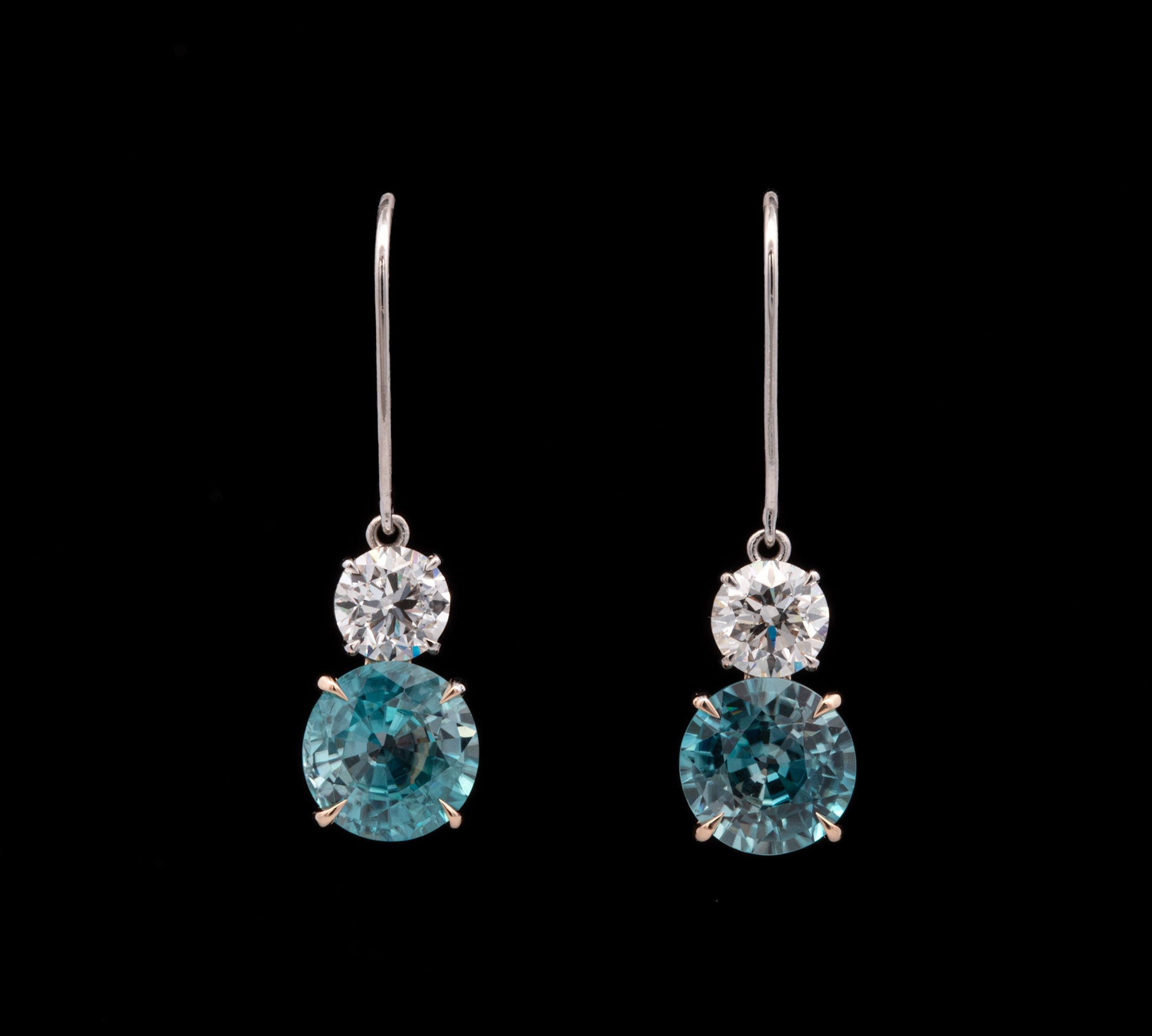 Custom 14K White Gold Blue Zircon And Diamond Drop Earrings With Lever Backs