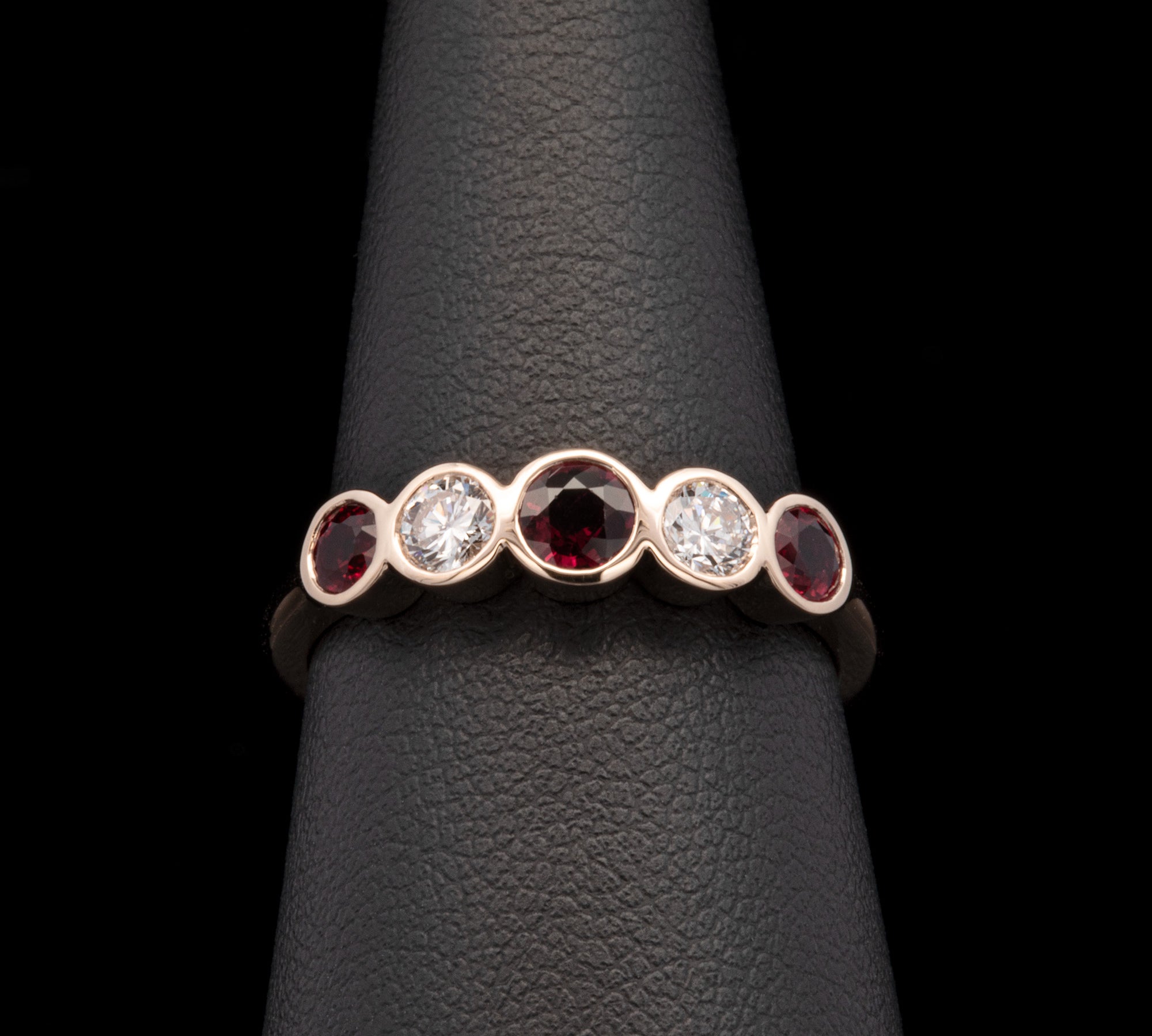 Custom 14K Yellow Gold Ruby And Diamond Bezel Set Five-Stone Ring