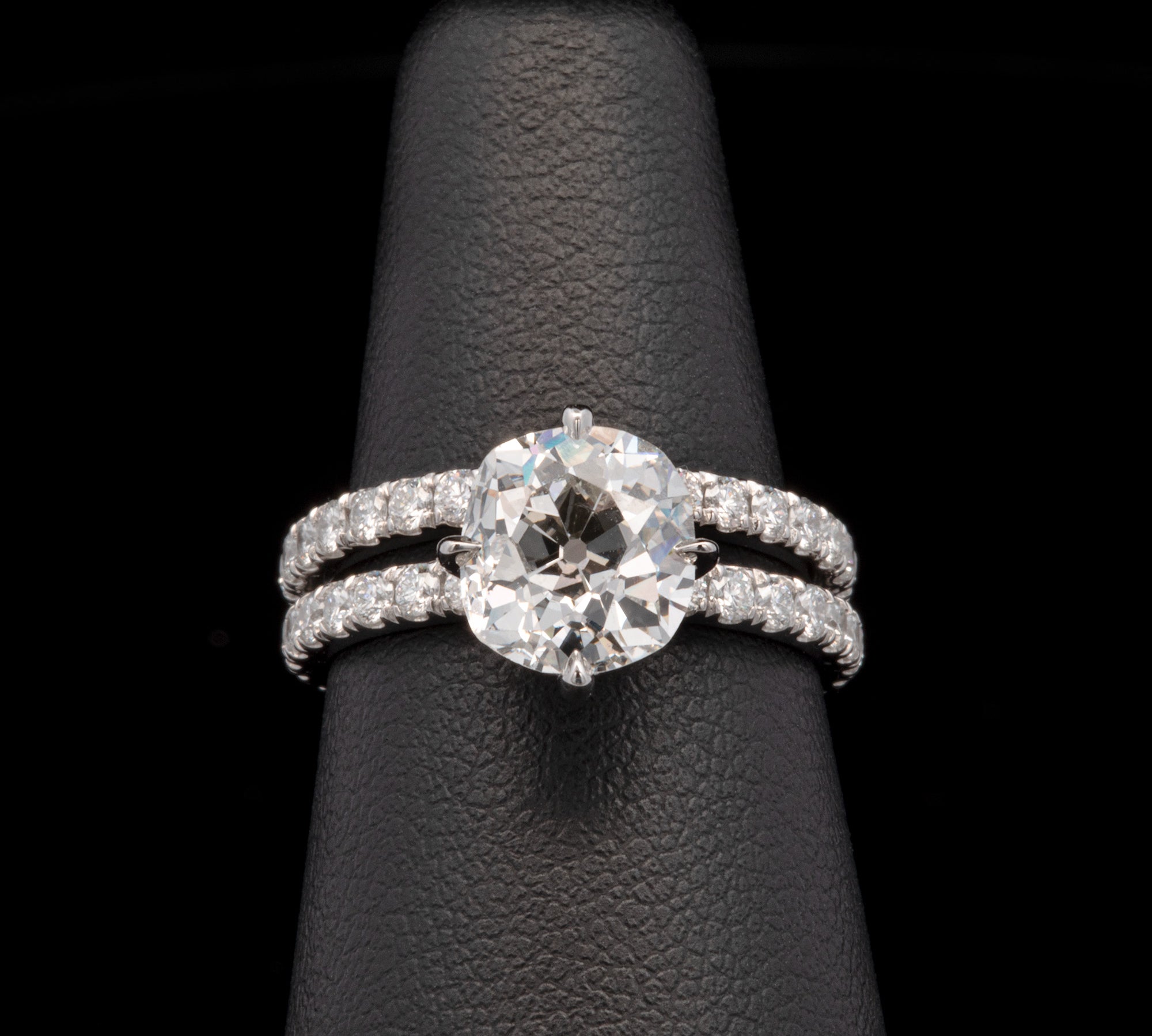 Custom Platinum Compass Set Old Mine Cut Diamond Engagement Ring With Matching Diamond Eternity Band