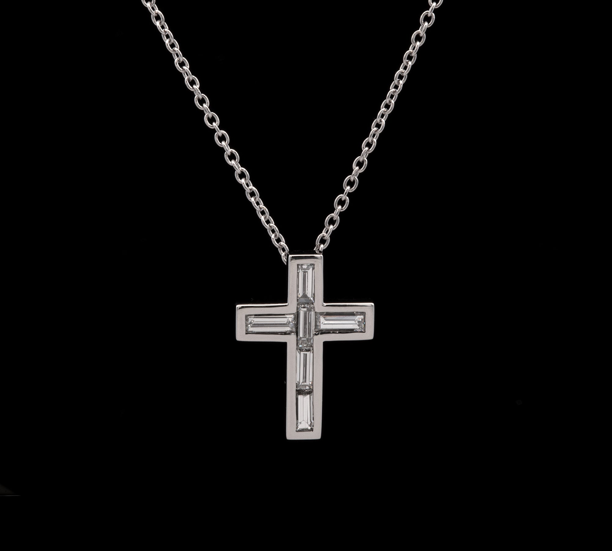 Custom Channel Set Baguette Diamond Cross Pendant With 17 Inch Chain