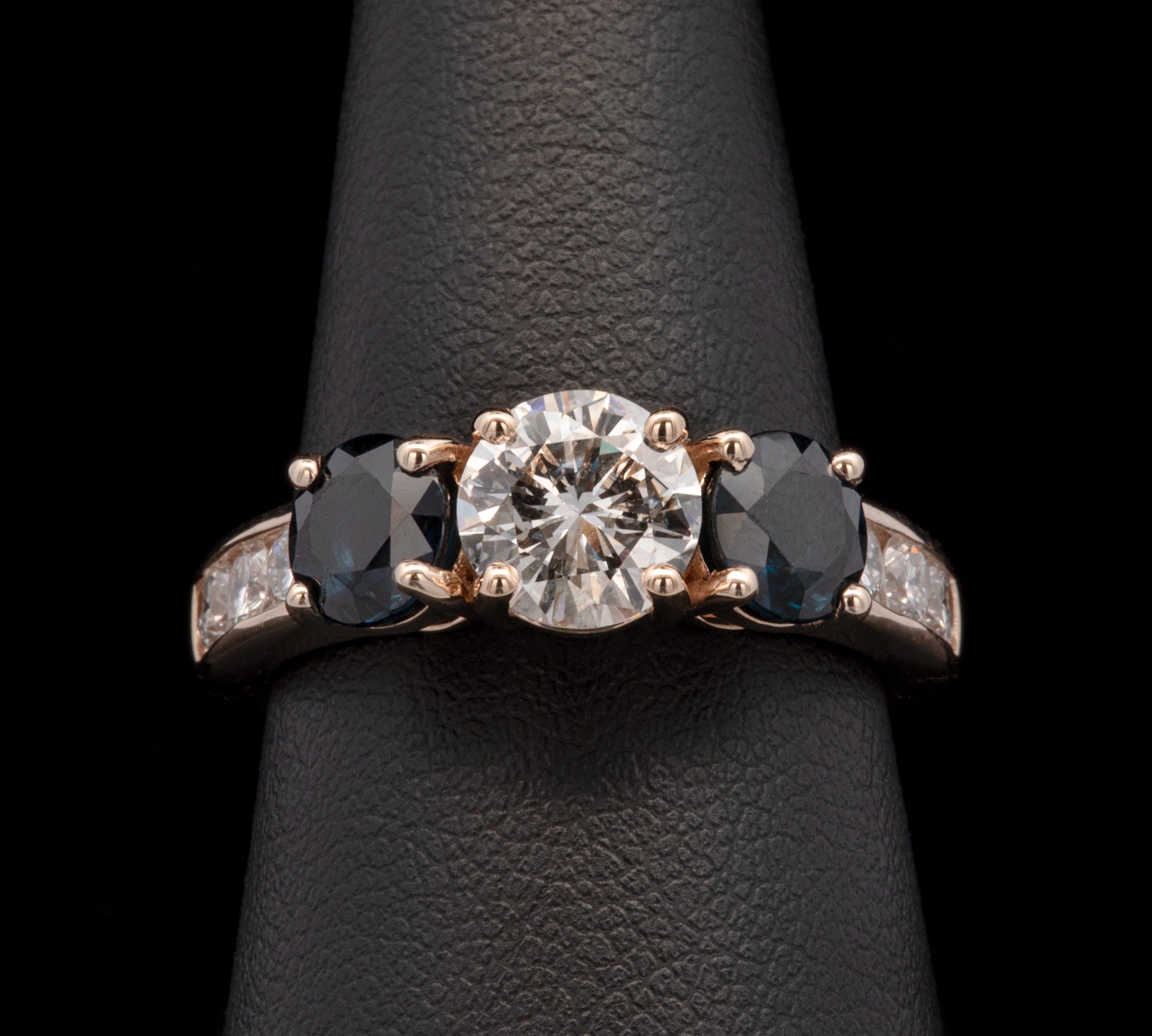 Custom 14K Yellow Gold Diamond And Sapphire Ring With Channel Set Diamonds And Hinged Shank